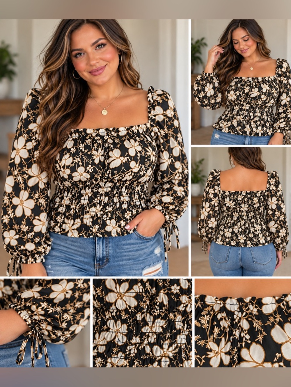 Ava & Viv Black Floral Smocked Square-Neck Blouse